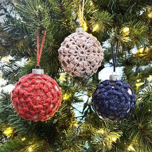 Set of 3 Round Handmade Crochet Christmas Ornaments, Blue, Orange & Off White